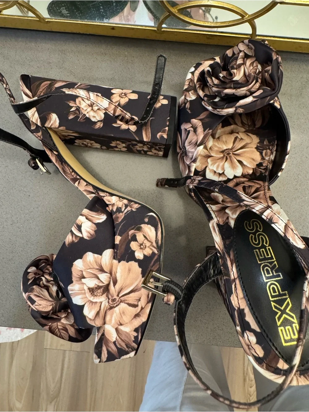 Express Floral Platform Sandals in Black and Soft Pink